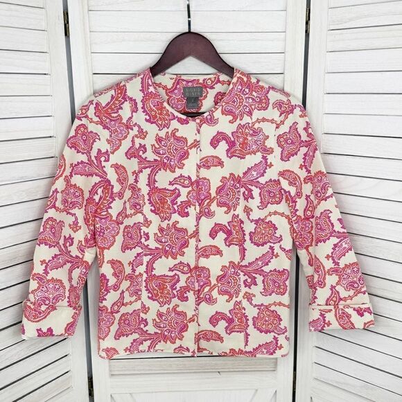 Sigrid Olsen Floral Damask Cotton Silk Blazer Jacket Cream Pink 4 Snap Front - Picture 8 of 14